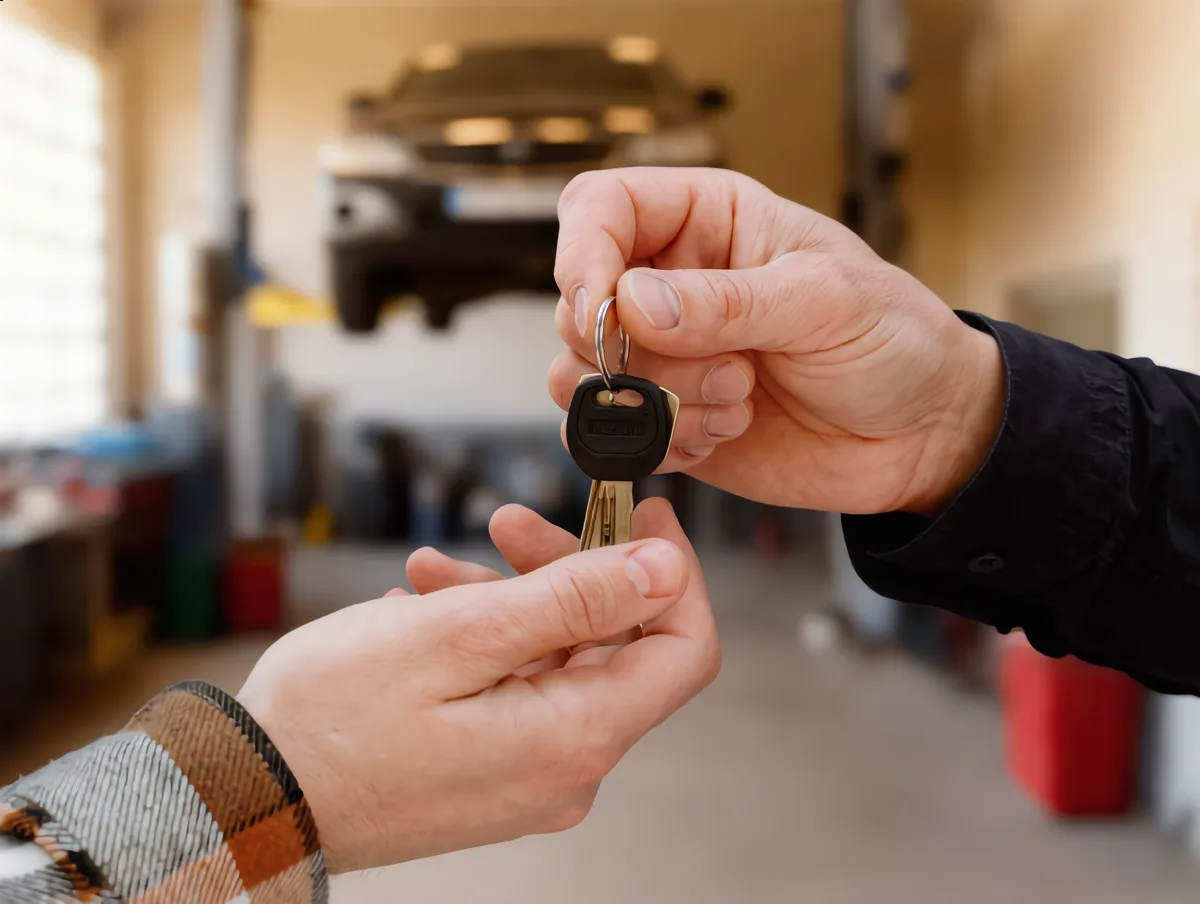 A mechanic handing car keys to a customer in the shop